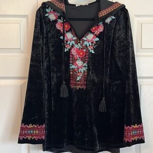 BoHo Tunic Embroidered Black Velour Shirt Blouse Top Sz M Hooded Loose Fit